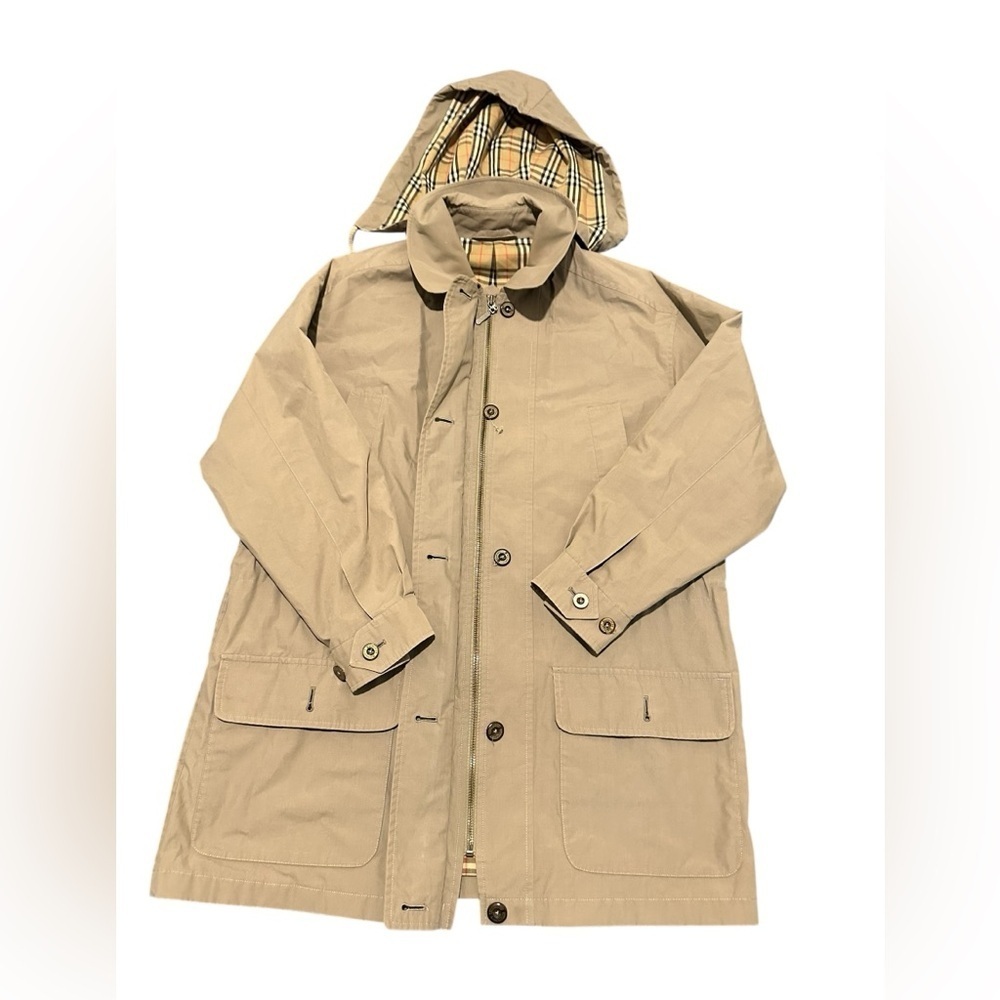 Burberry London Trench Coat Detachable Liner Hood Nova Check Beige Men US Size L